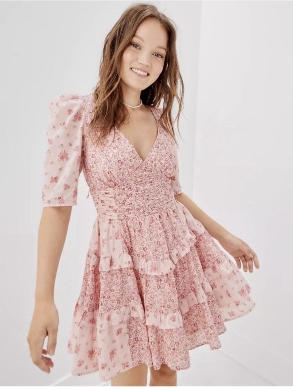 American Eagle Pink Floral V-Neck Tiered Mini Dress